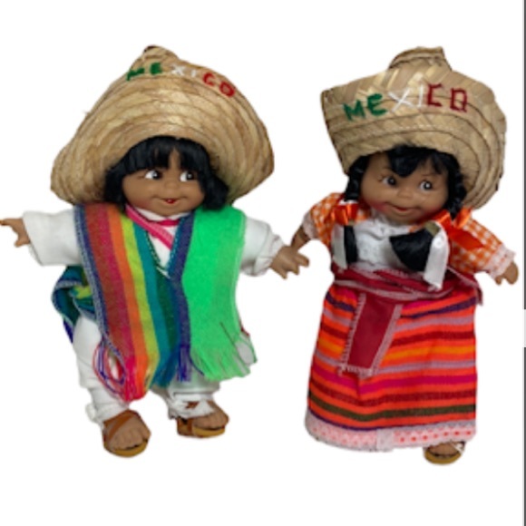 2 Vintage Munecas Mexicanas 9" Mexico Girl & Boy Dolls Vinyl Face Arms Legs - Picture 1 of 8